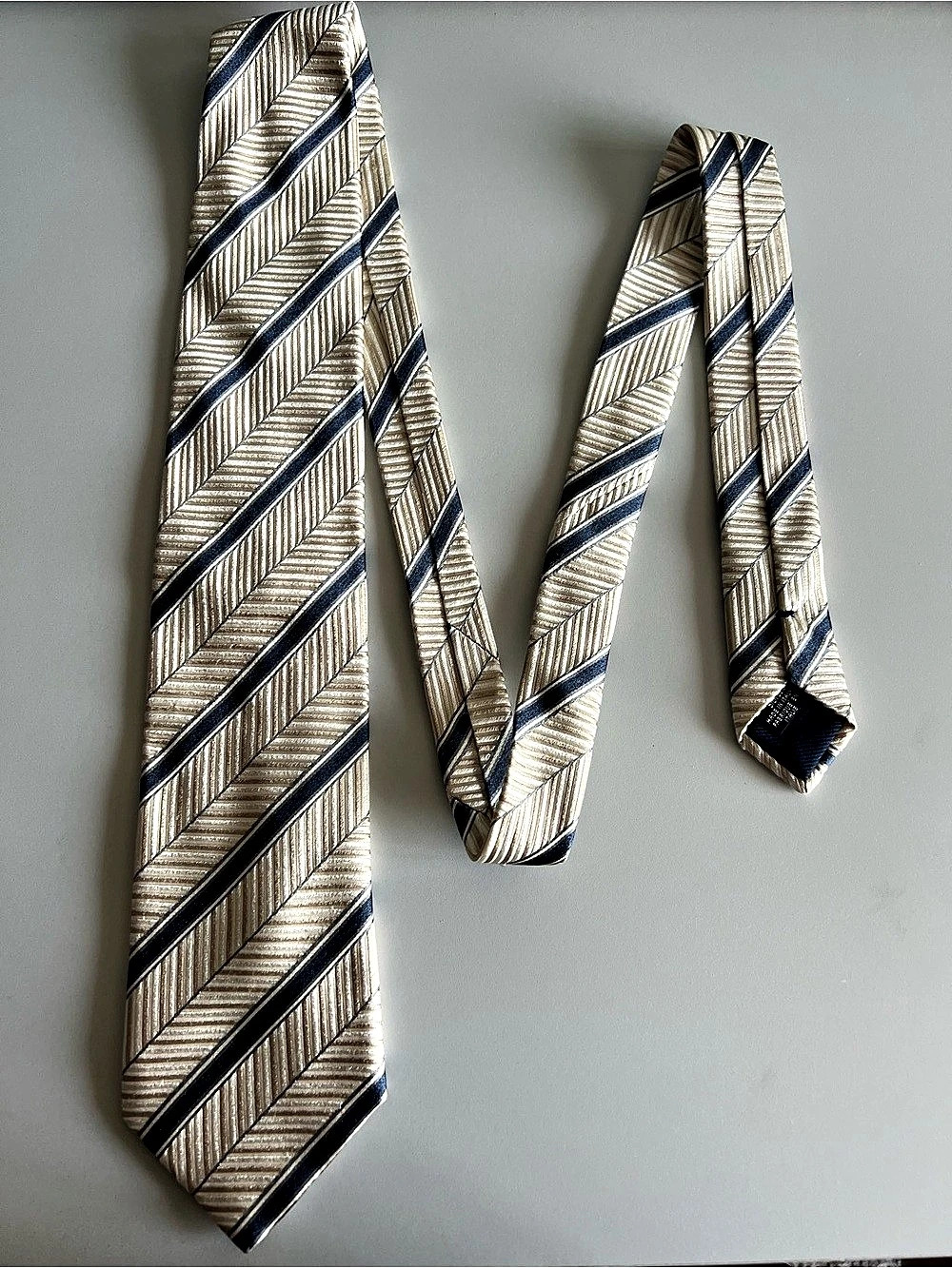 Canali Italy Men’s Silk Tie Beige & Navy Blue Herringbone Striped